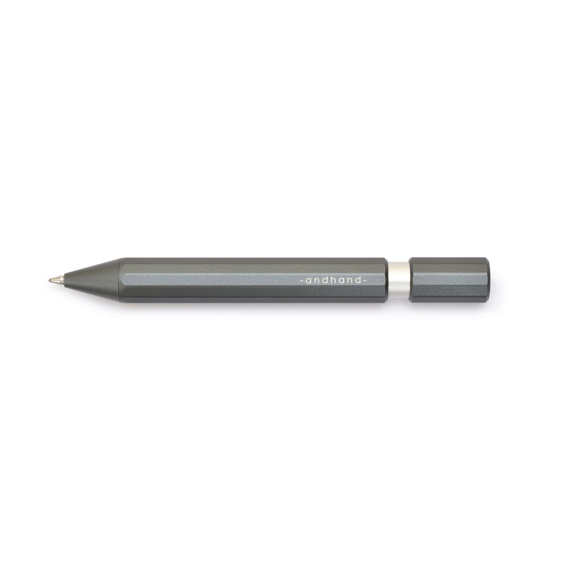 Aspect retractable pen in slate grey anodized finish. A great pen for journaling, sketching or note taking. Equipped with a capless system rollerball cartridge for great ink flow.