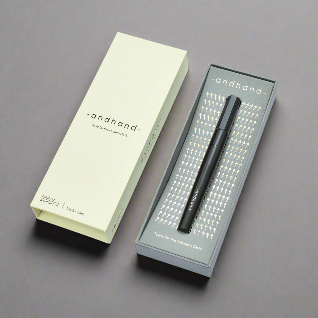 Method fountain pen in black finish, presented in premium card box featuring gold foiling.