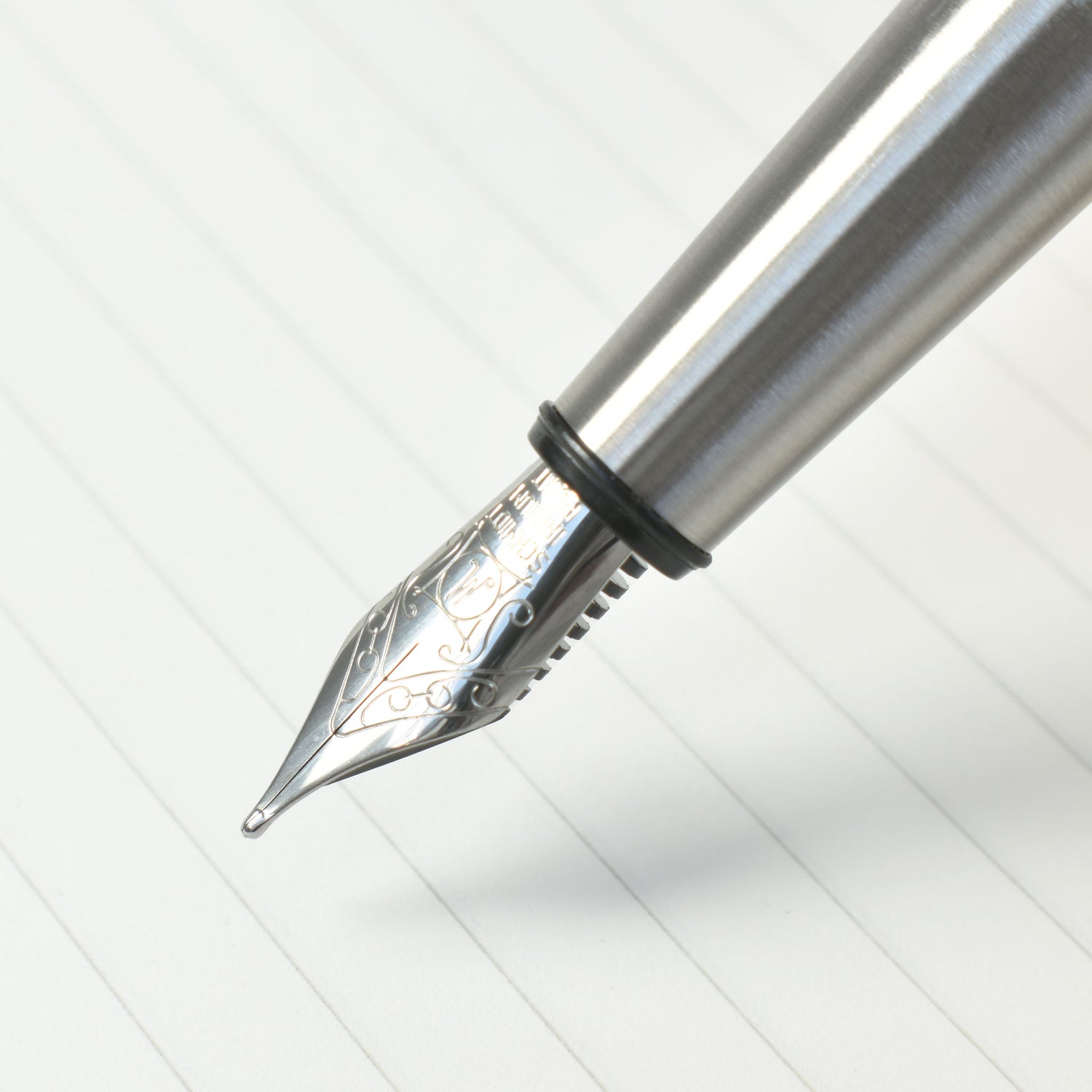 Detail image of the iridium Schmidt nib. Writing excellence from our stainless steel fountain pen.