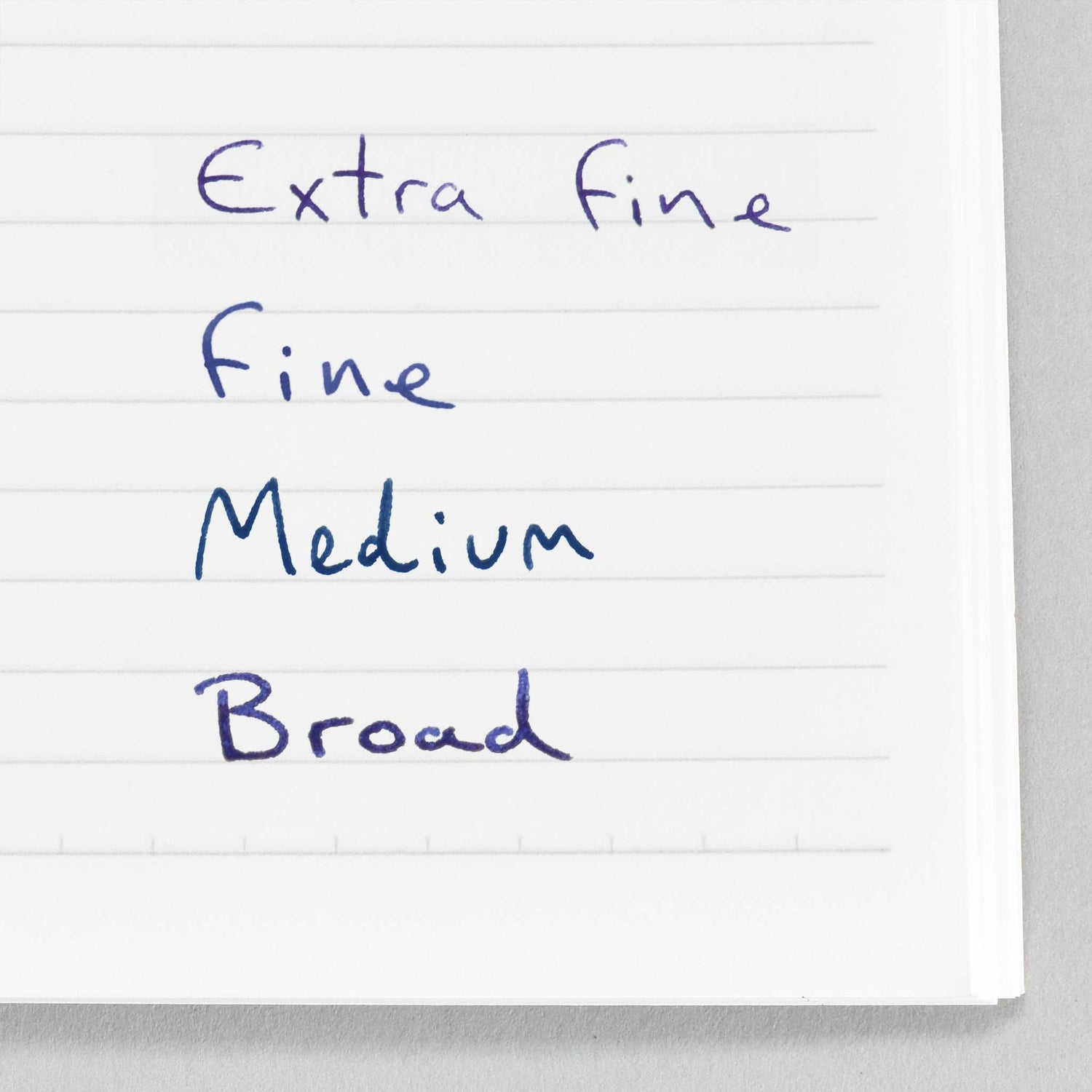 Writing examples showing the different nib widths available.