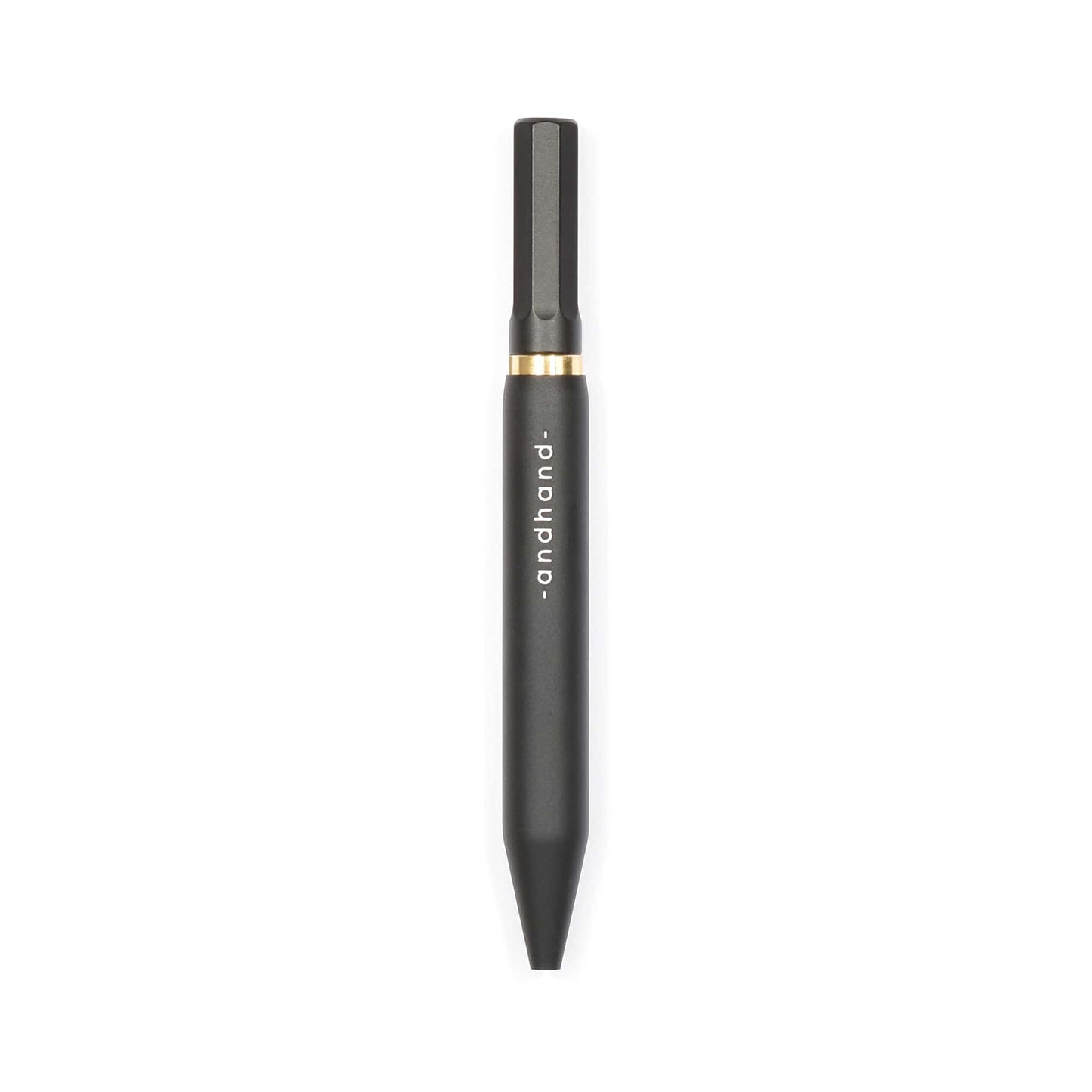 Aluminium and brass everyday carry black pen from Andhand. An expert compact writing tool with a smooth mechanism and modern minimal design. Amazingly durable and refined 4 inch pen. Shown here in black satin anodized finish.