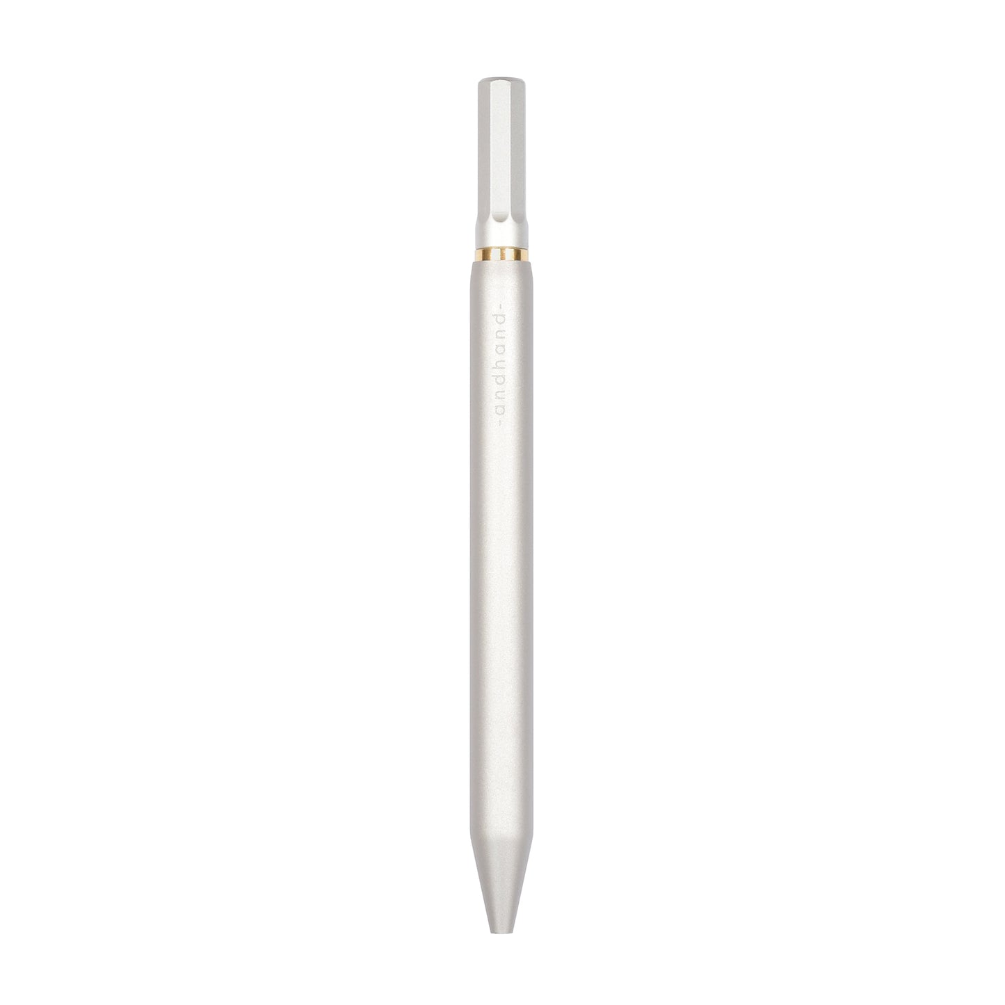 Solid aluminium & brass ballpoint pen from Andhand. An expertly precise writing tool with a smooth mechanism and modern minimal design. Amazingly durable and refined. Shown here in silver satin anodized finish.