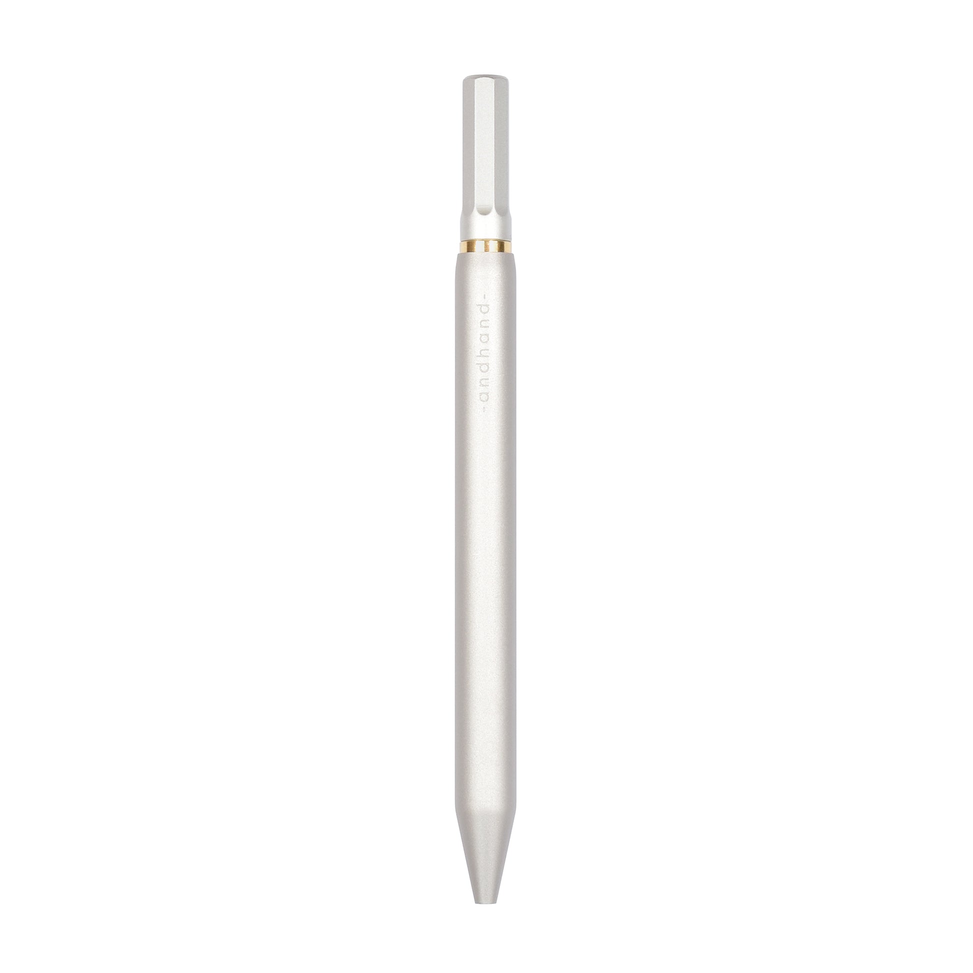 Solid aluminium & brass ballpoint pen from Andhand. An expertly precise writing tool with a smooth mechanism and modern minimal design. Amazingly durable and refined. Shown here in silver satin anodized finish.