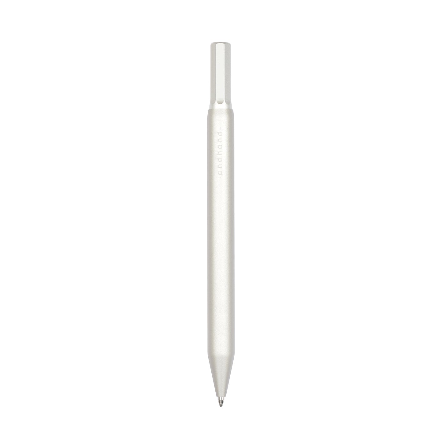 Solid aluminium & brass ballpoint pen from Andhand. An expertly precise writing tool with a smooth mechanism and modern minimal design. Amazingly durable and refined. Shown here in silver satin anodized finish.