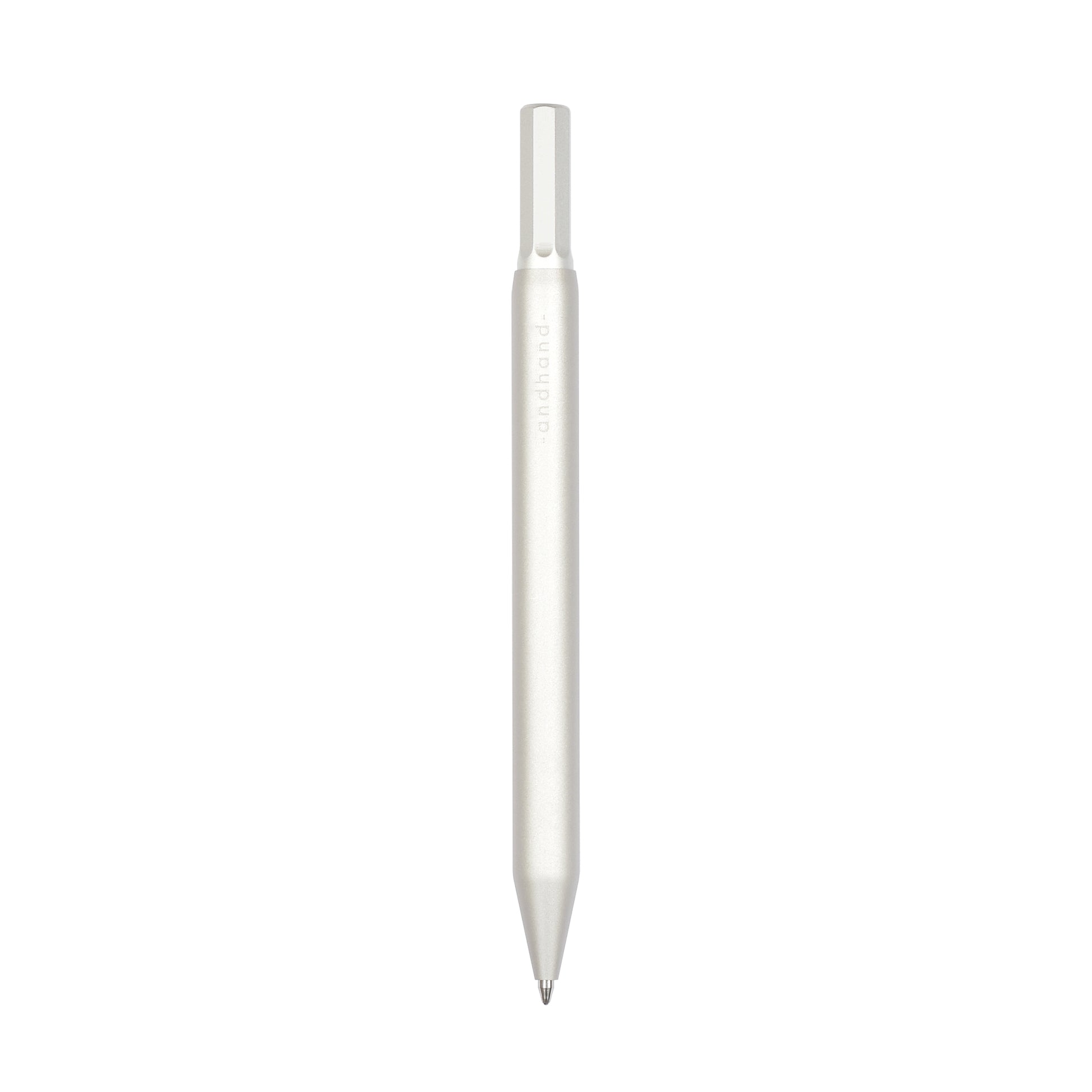 Solid aluminium & brass ballpoint pen from Andhand. An expertly precise writing tool with a smooth mechanism and modern minimal design. Amazingly durable and refined. Shown here in silver satin anodized finish.