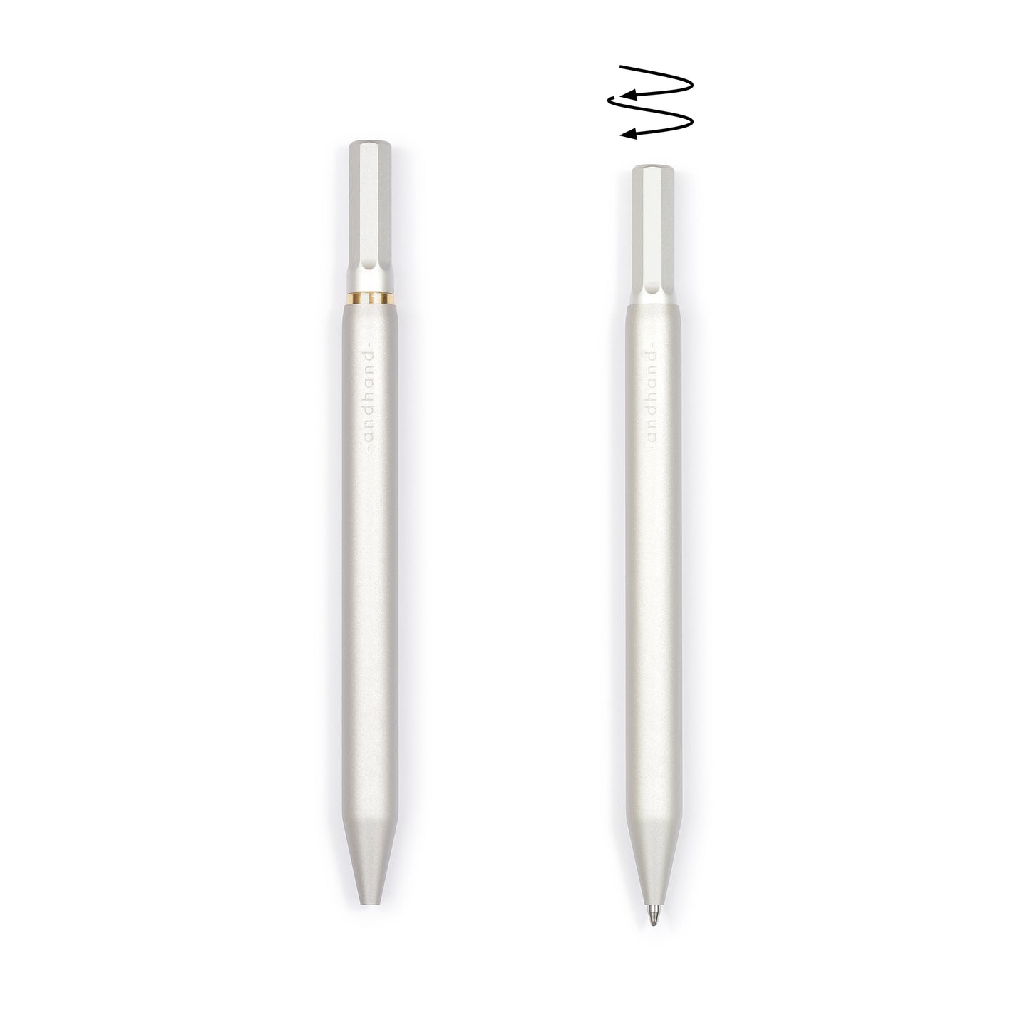 Solid aluminium & brass ballpoint pen from Andhand. An expertly precise writing tool with a smooth mechanism and modern minimal design. Amazingly durable and refined. Shown here in silver satin anodized finish.