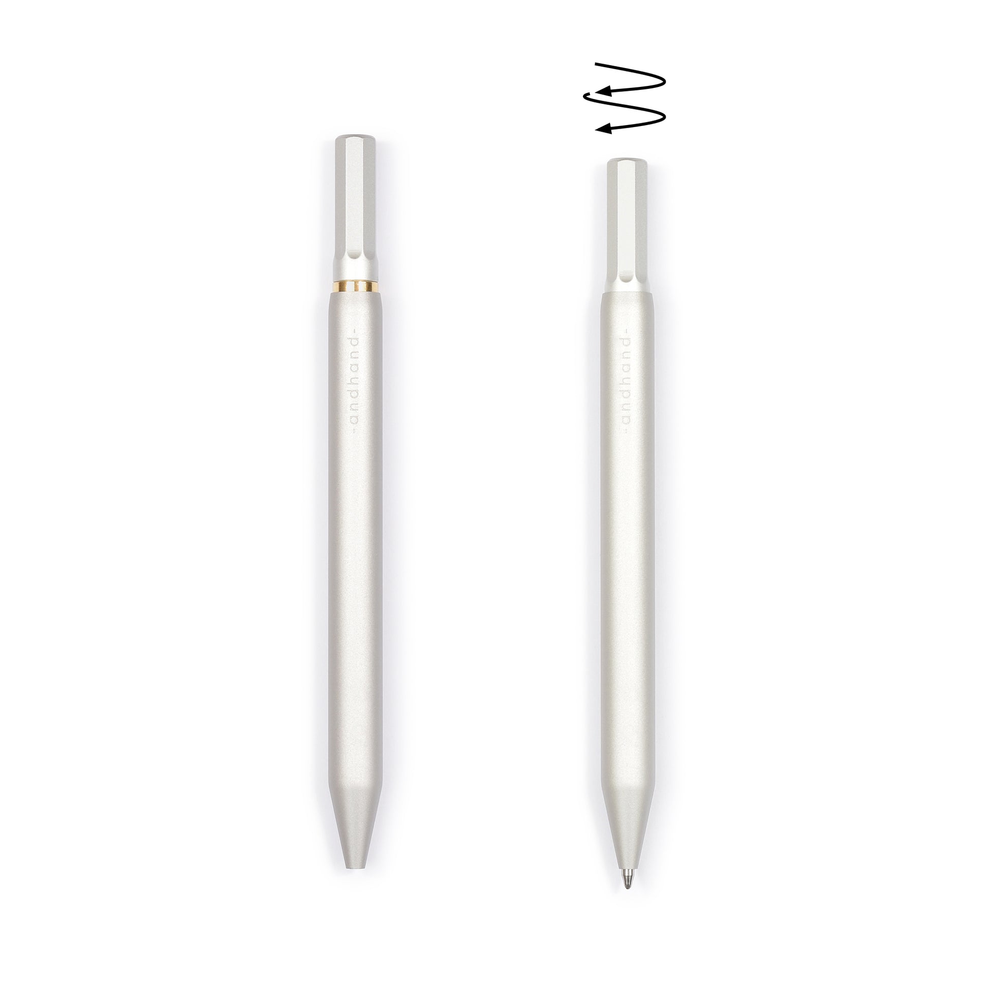 Solid aluminium & brass ballpoint pen from Andhand. An expertly precise writing tool with a smooth mechanism and modern minimal design. Amazingly durable and refined. Shown here in silver satin anodized finish.