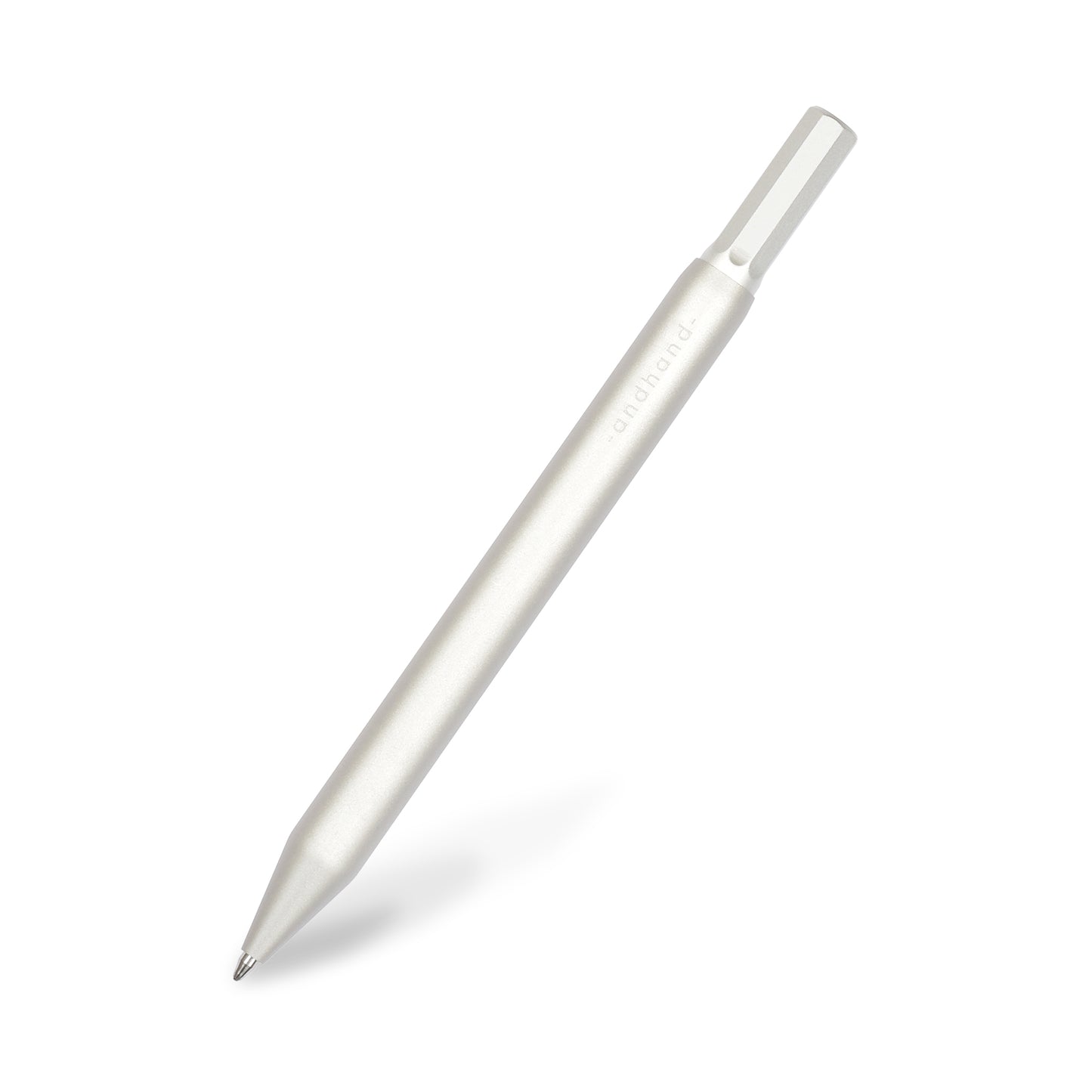Solid aluminium & brass ballpoint pen from Andhand. An expertly precise writing tool with a smooth mechanism and modern minimal design. Amazingly durable and refined. Shown here in silver satin anodized finish.