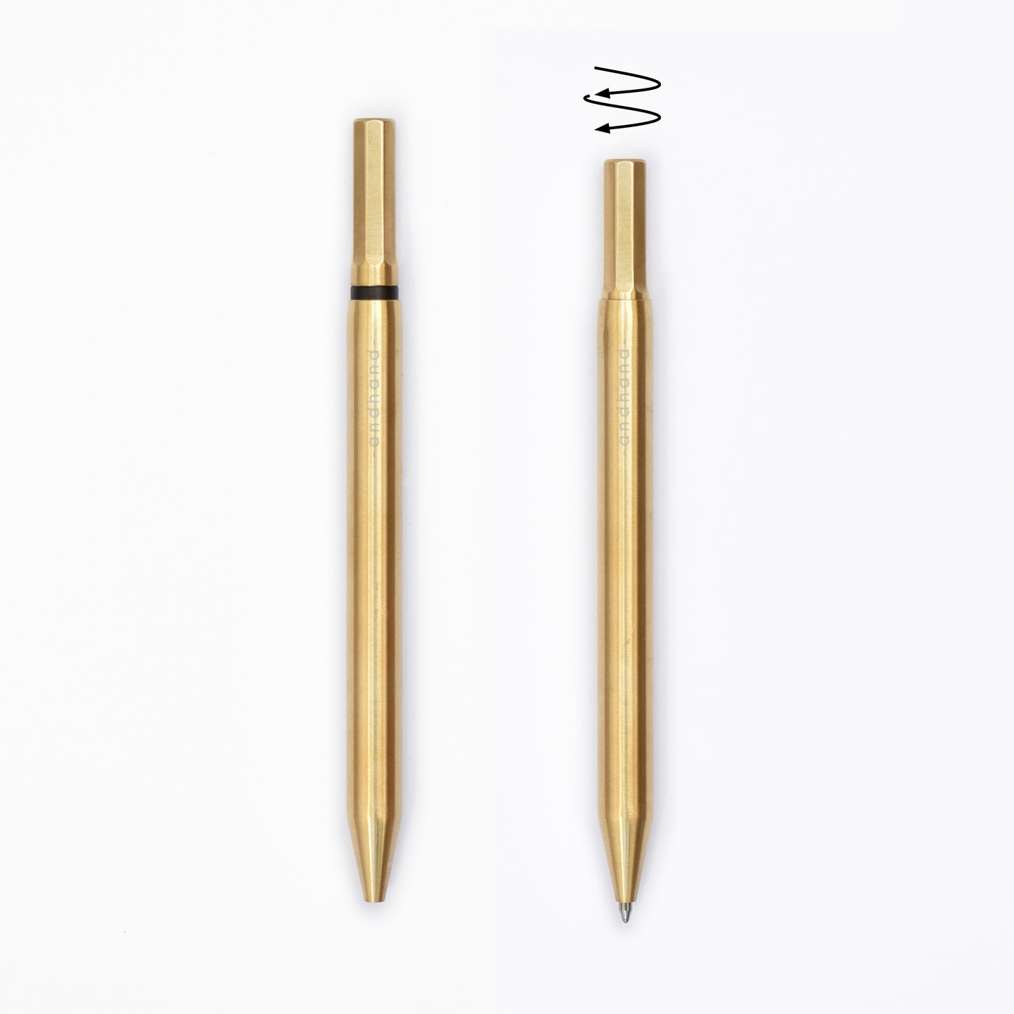 Solid brass ballpoint pen from Andhand. An expertly precise writing tool featuring a smooth mechanism and modern minimal design. Amazingly durable and refined.