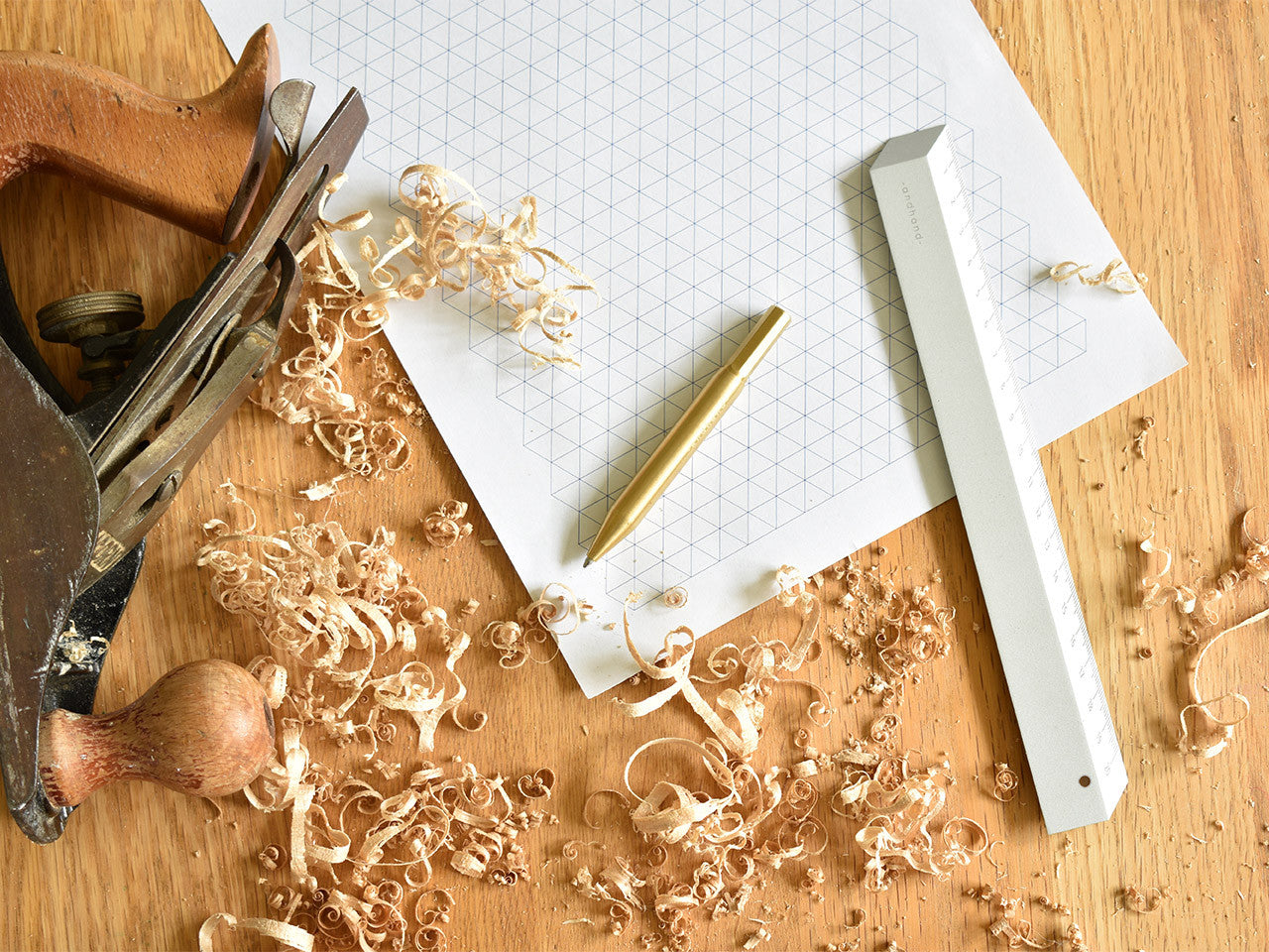 The illusion ruler by Andhand, modern and striking design. Its angled profile allows for extremely accurate mark making and measurements in both metric and imperial. Shown here in silver satin anodized finish.