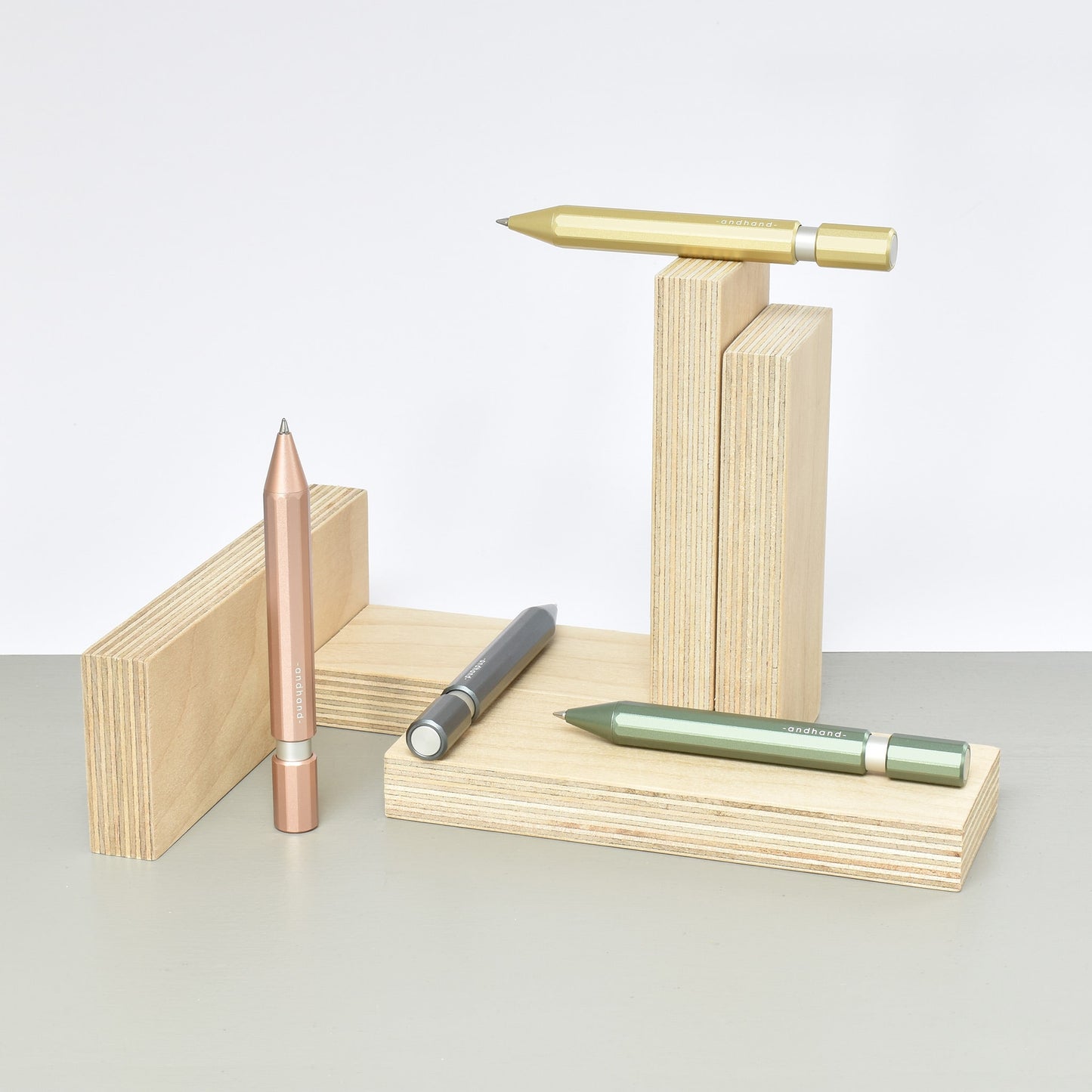 Aspect retractable pen available in forest green, blush pink, gold lustre and slate grey anodized finishes.