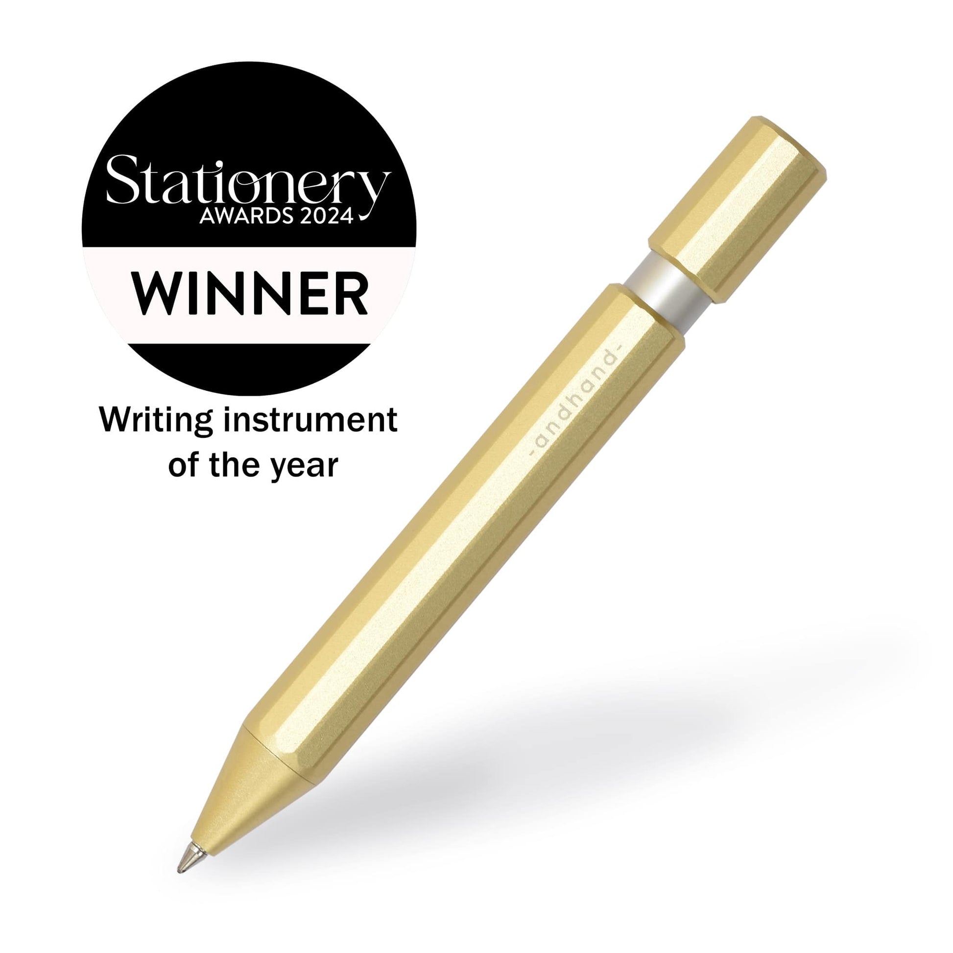 Aspect retractable pen in gold lustre anodized finish. A great pen for journaling, sketching or note taking. Equipped with a capless system rollerball cartridge for great ink flow. Writing instrument of the year, stationery awards 2024.