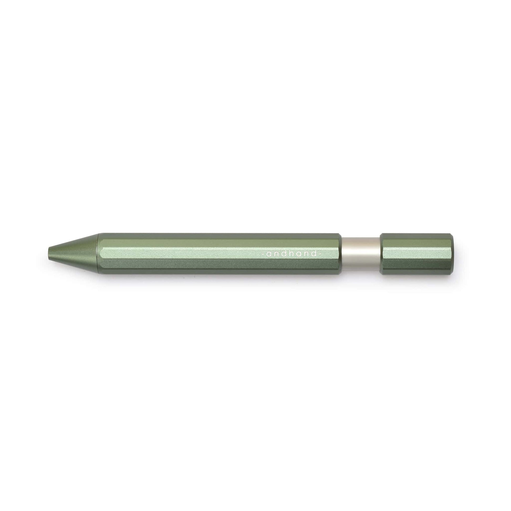 Aspect retractable pen in forest green anodized finish. A great pen for journaling, sketching or note taking. Equipped with a capless system rollerball cartridge for great ink flow.