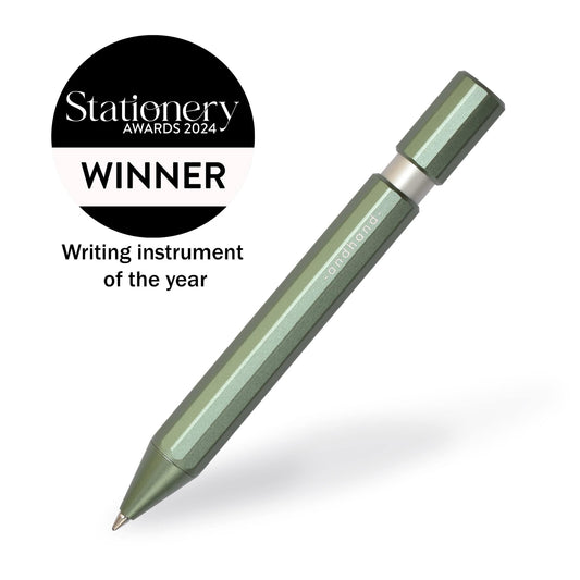 Aspect retractable pen in forest green anodized finish. A great pen for journaling, sketching or note taking. Equipped with a capless system rollerball cartridge for great ink flow. Writing instrument of the year, stationery awards 2024.