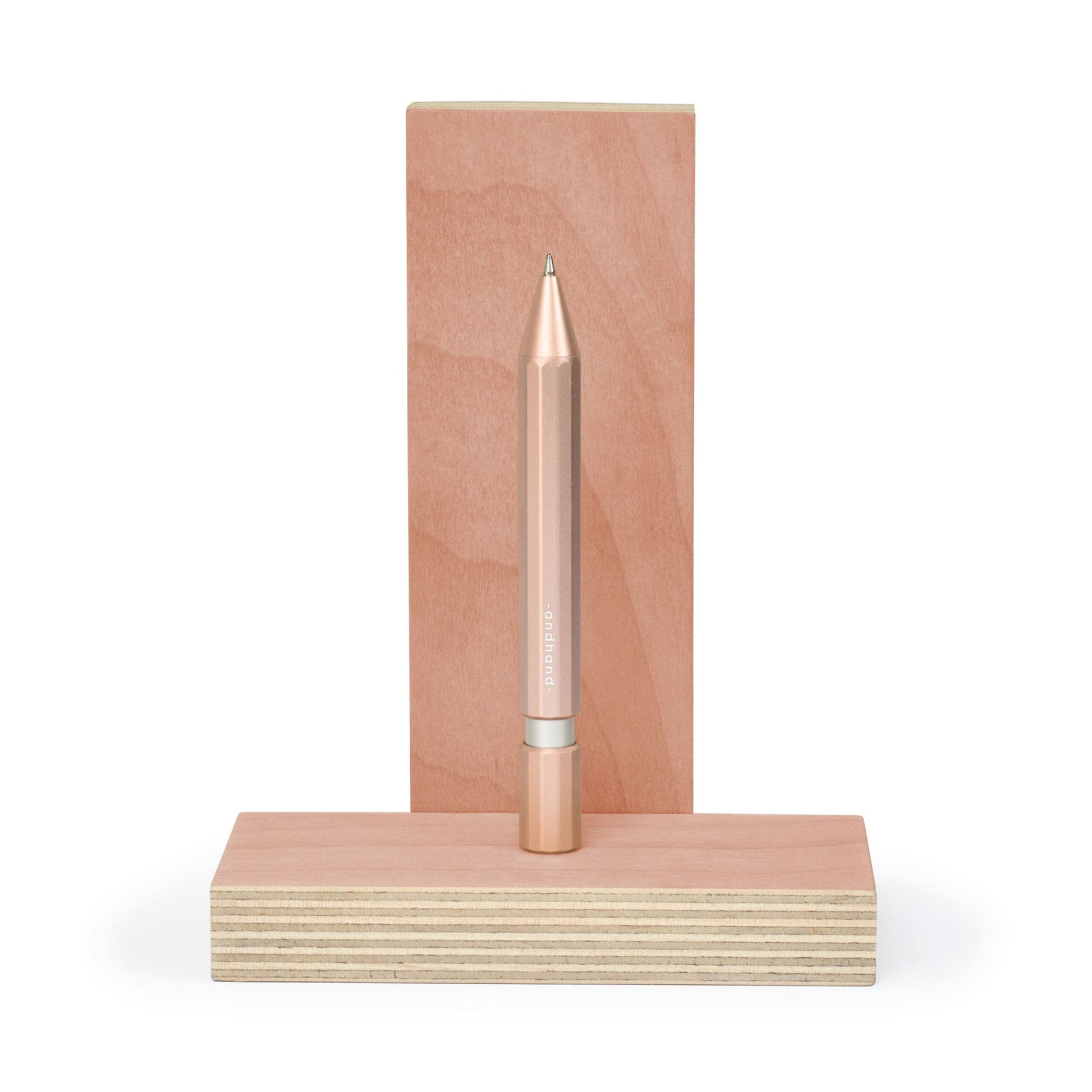 Aspect retractable pen in blush pink anodized finish. A great pen for journaling, sketching or note taking. Equipped with a capless system rollerball cartridge for great ink flow.