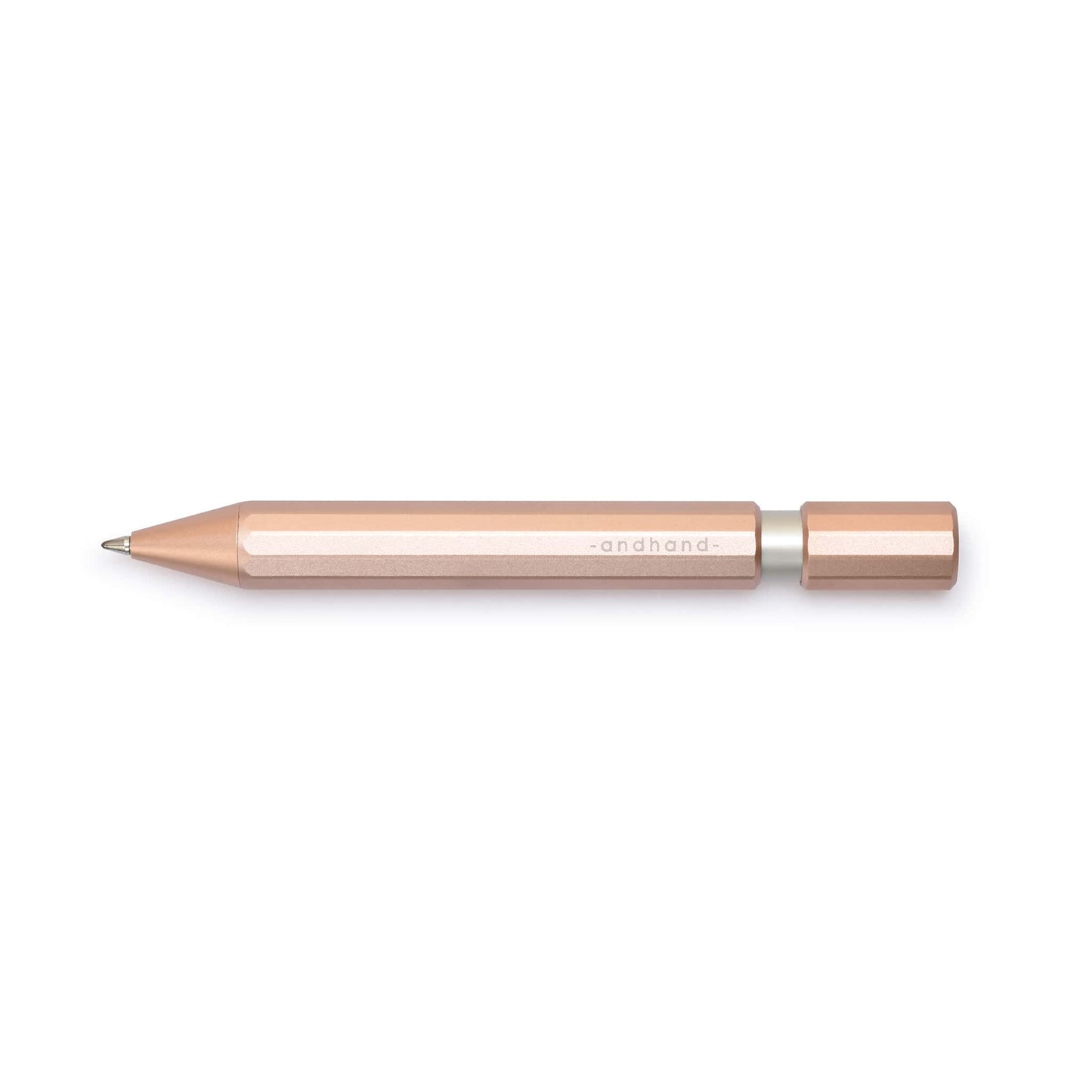 Aspect retractable pen in blush pink anodized finish. A great pen for journaling, sketching or note taking. Equipped with a capless system rollerball cartridge for great ink flow.