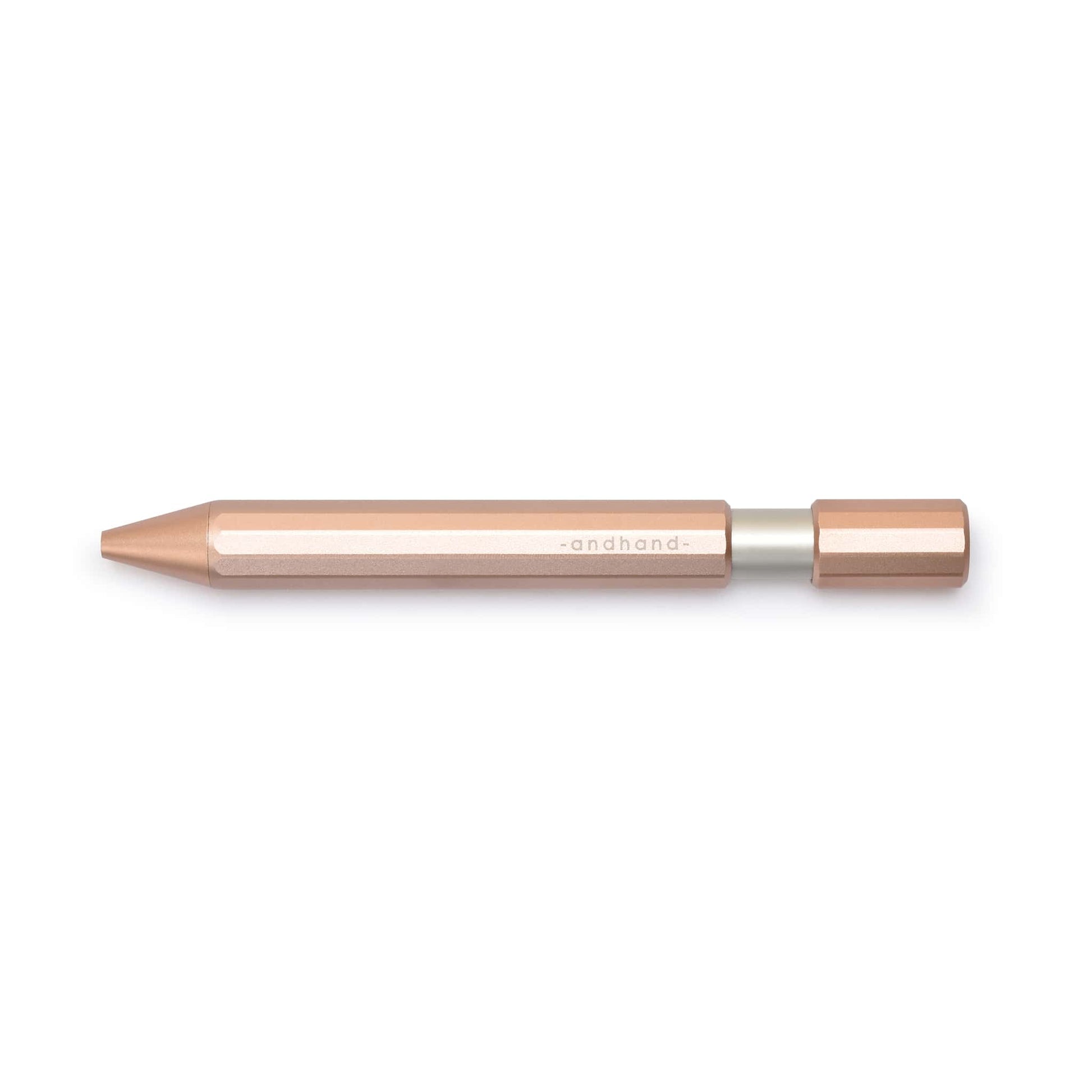 Aspect retractable pen in blush pink anodized finish. A great pen for journaling, sketching or note taking. Equipped with a capless system rollerball cartridge for great ink flow.