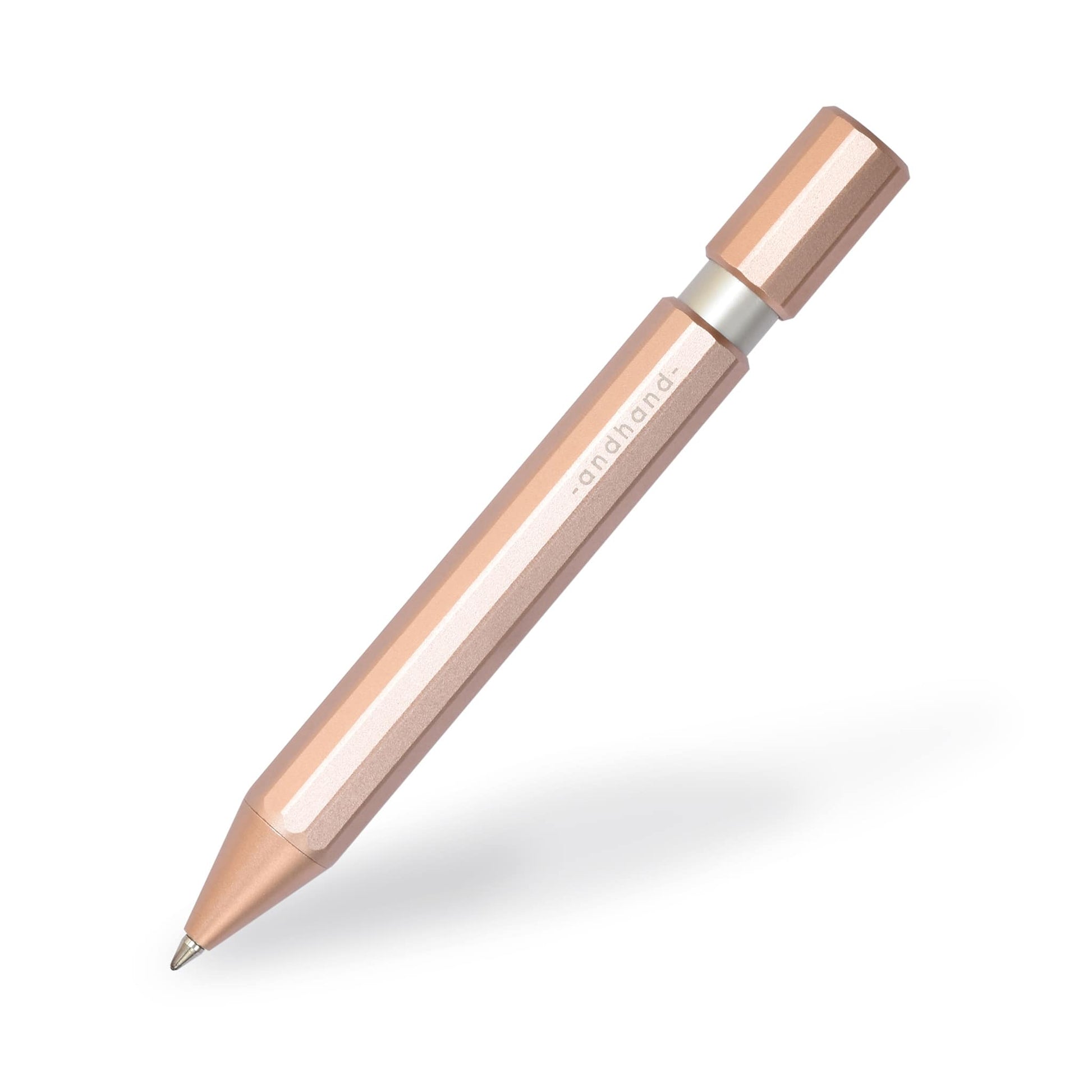 Aspect retractable pen in blush pink anodized finish. A great pen for journaling, sketching or note taking. Equipped with a capless system rollerball cartridge for great ink flow.