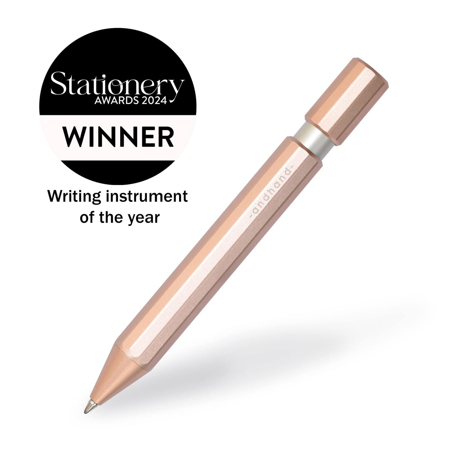 Aspect retractable pen in blush pink anodized finish. A great pen for journaling, sketching or note taking. Equipped with a capless system rollerball cartridge for great ink flow. Writing instrument of the year, stationery awards 2024.