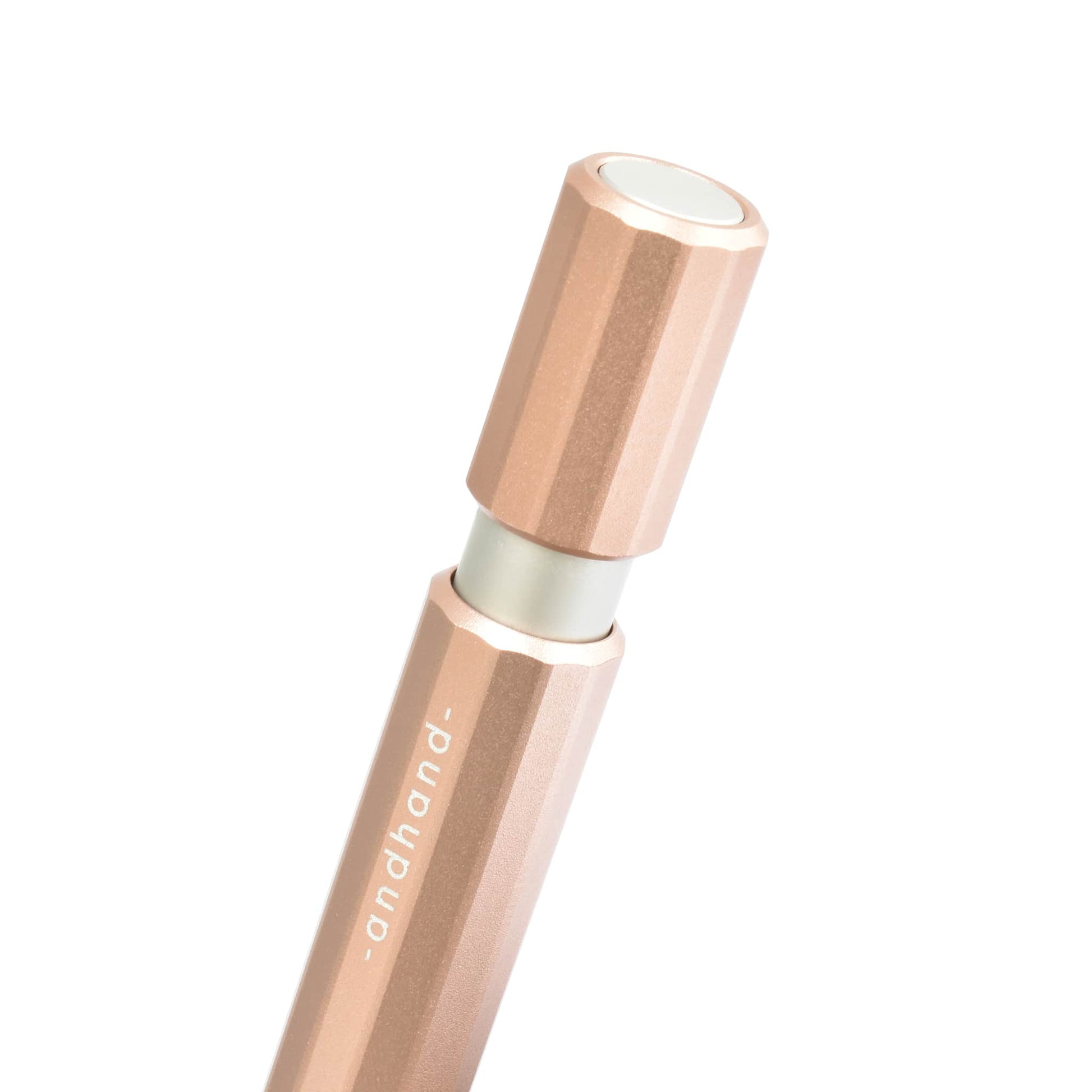 Aspect retractable pen in blush pink anodized finish. A great pen for journaling, sketching or note taking. Equipped with a capless system rollerball cartridge for great ink flow.