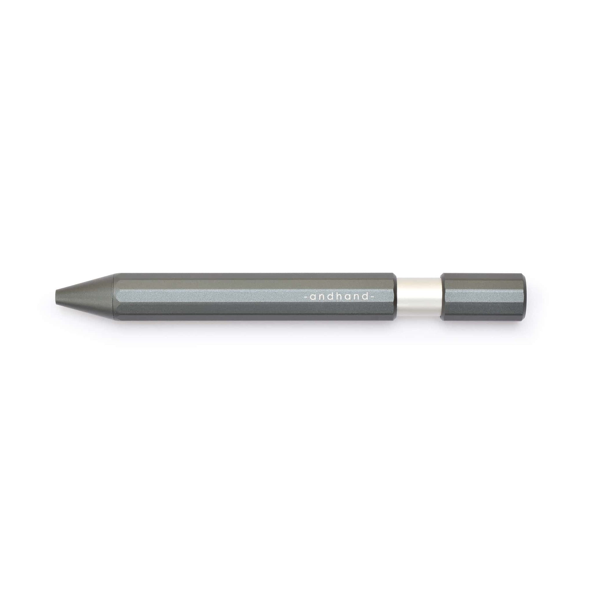 Aspect retractable pen in slate grey anodized finish. A great pen for journaling, sketching or note taking. Equipped with a capless system rollerball cartridge for great ink flow.