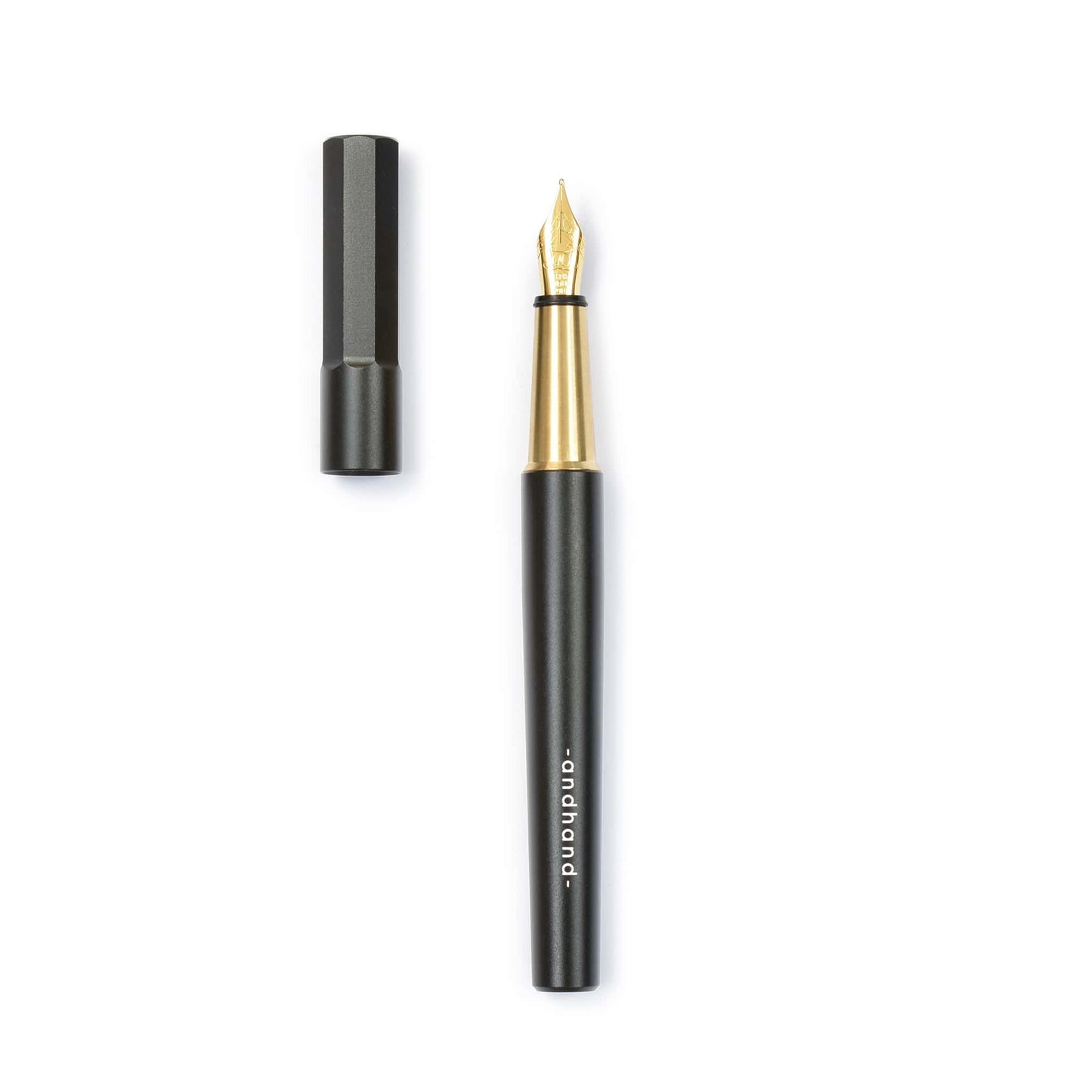 Method Fountain Pen in Black + Brass by Andhand. Brass and aluminium pen with gold plated nib. Ideal fountain pen for writing, lightweight and sleek design.