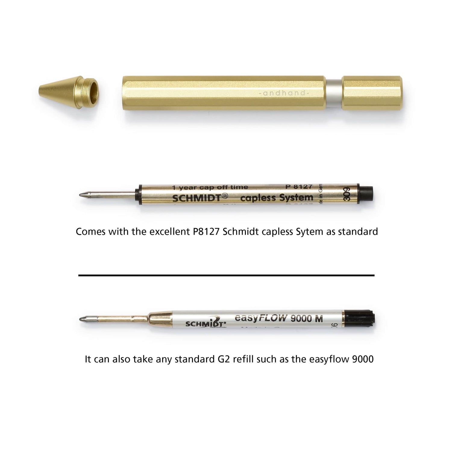 image showing refill options for the aspect retractable pen. Takes both the P8127 and any G2 refill