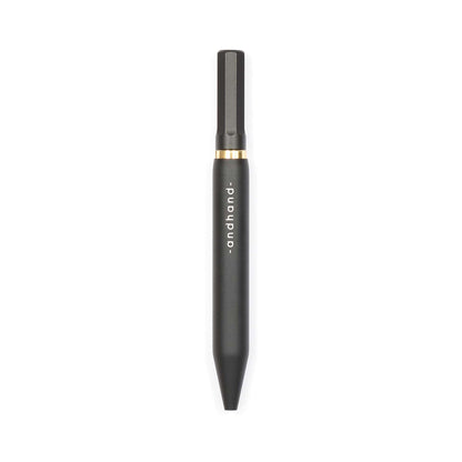 Aluminium and brass everyday carry black pen from Andhand. An expert compact writing tool with a smooth mechanism and modern minimal design. Amazingly durable and refined 4 inch pen. Shown here in black satin anodized finish.
