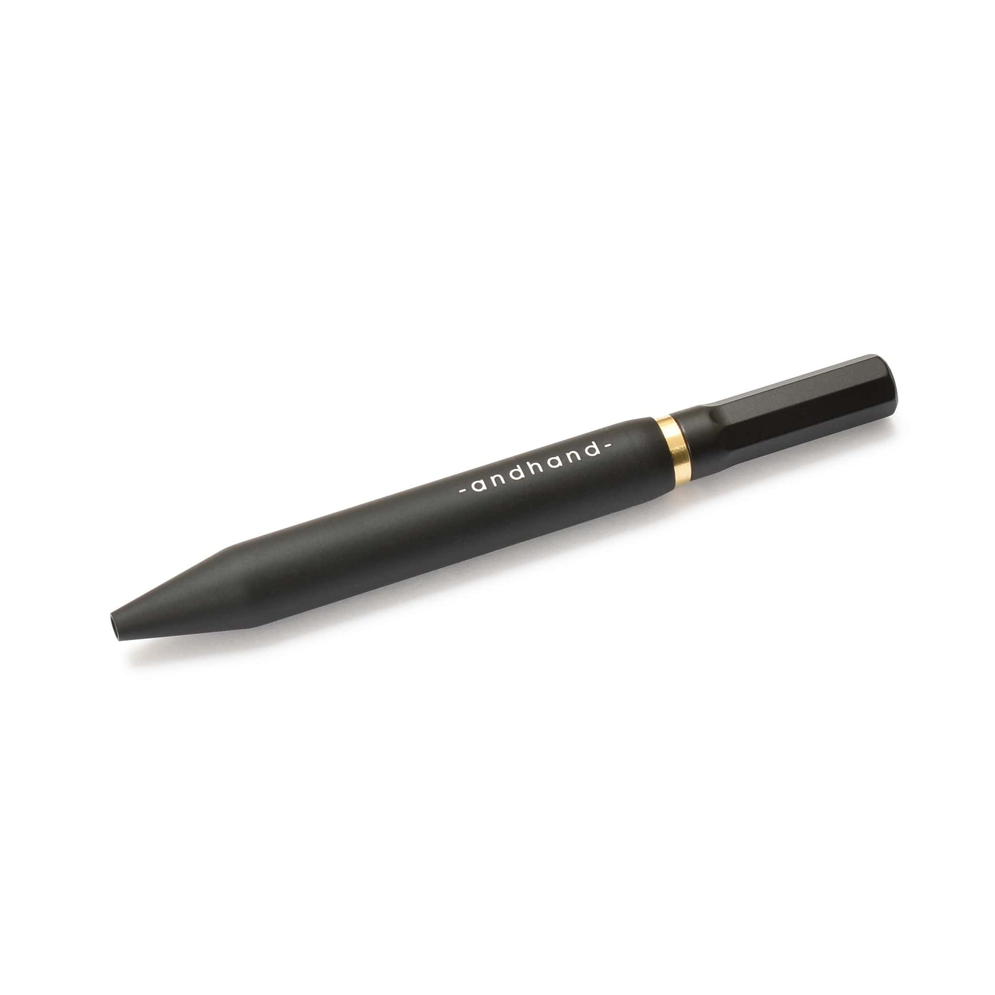 Aluminium and brass everyday carry black pen from Andhand. An expert compact writing tool with a smooth mechanism and modern minimal design. Amazingly durable and refined 4 inch pen Shown here in black satin anodized finish.