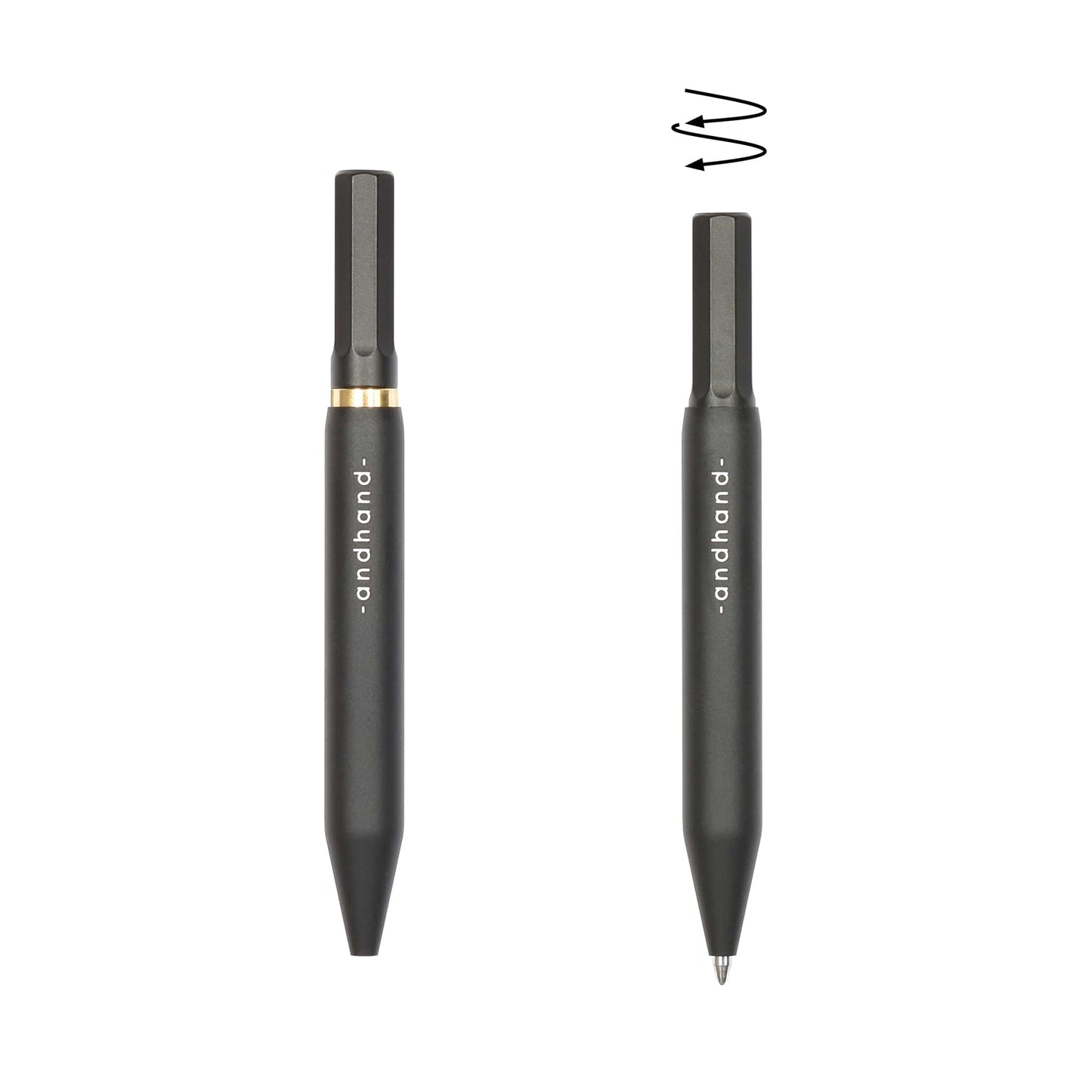 Aluminium and brass everyday carry black pen from Andhand. An expert compact writing tool with a smooth mechanism and modern minimal design. Amazingly durable and refined 4 inch pen. Shown here in black satin anodized finish.