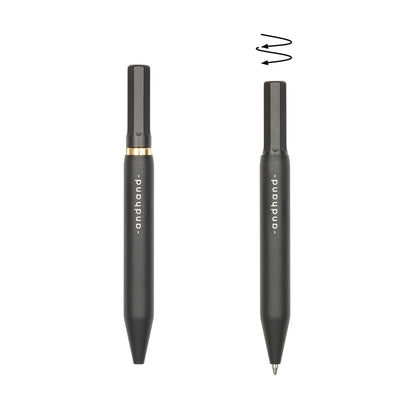 Aluminium and brass everyday carry black pen from Andhand. An expert compact writing tool with a smooth mechanism and modern minimal design. Amazingly durable and refined 4 inch pen. Shown here in black satin anodized finish.