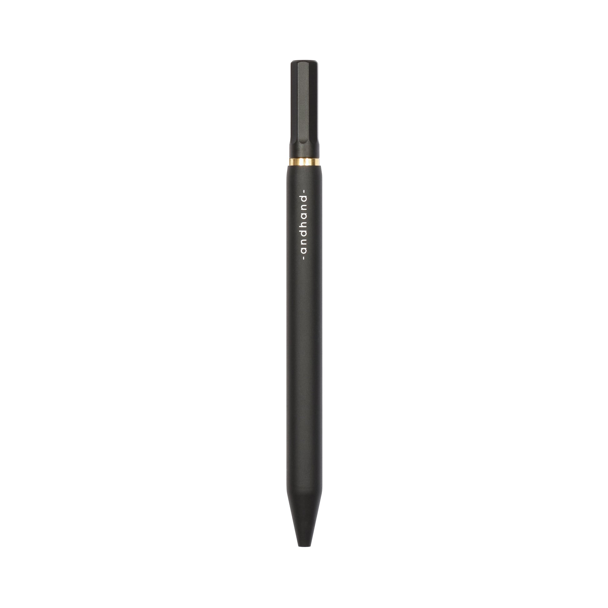 Solid aluminium & brass ballpoint black pen from Andhand. An expertly precise writing tool with a smooth mechanism and modern minimal design. Amazingly durable and refined. Shown here in black satin anodized finish.