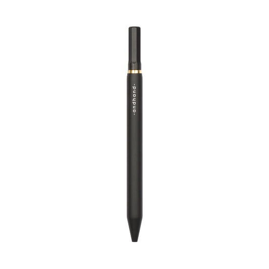 Solid aluminium & brass ballpoint black pen from Andhand. An expertly precise writing tool with a smooth mechanism and modern minimal design. Amazingly durable and refined. Shown here in black satin anodized finish.