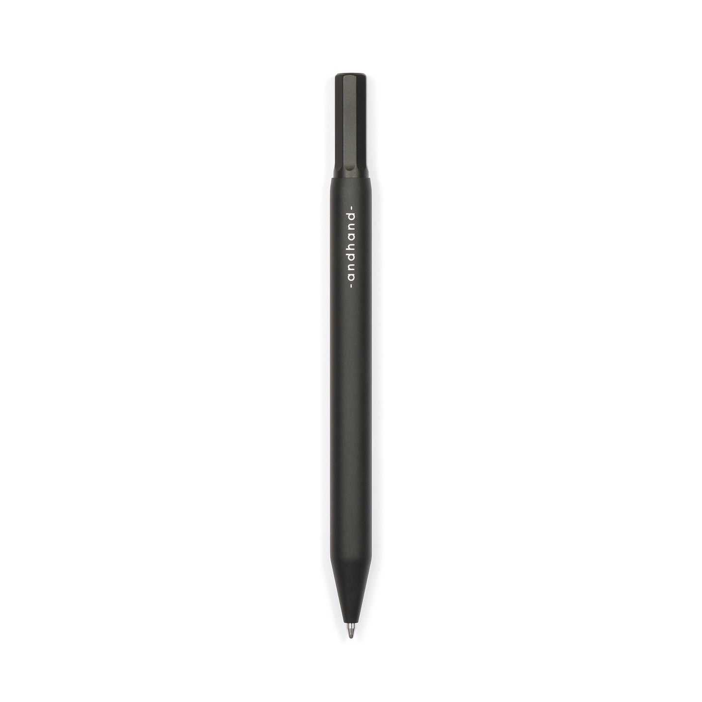 Solid aluminium & brass ballpoint black pen from Andhand. An expertly precise writing tool with a smooth mechanism and modern minimal design. Amazingly durable and refined. Shown here in black satin anodized finish.