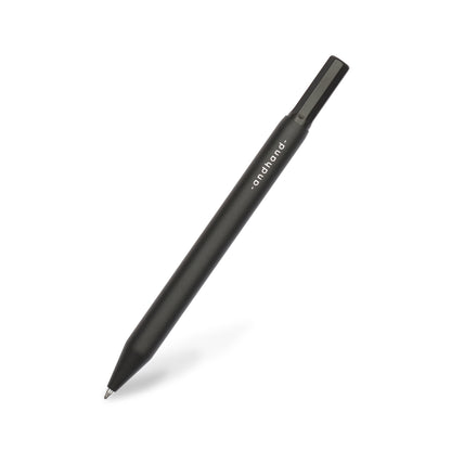 Solid aluminium & brass ballpoint black pen from Andhand. An expertly precise writing tool with a smooth mechanism and modern minimal design. Amazingly durable and refined. Shown here in black satin anodized finish.