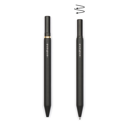 Solid aluminium & brass ballpoint black pen from Andhand. An expertly precise writing tool with a smooth mechanism and modern minimal design. Amazingly durable and refined. Shown here in black satin anodized finish.