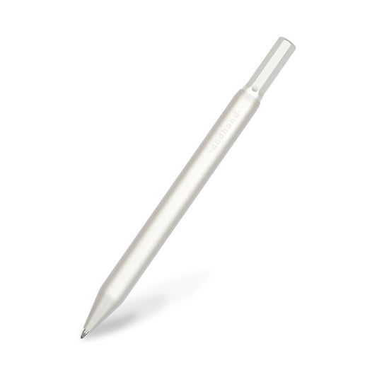 Solid aluminium & brass ballpoint pen from Andhand. An expertly precise writing tool with a smooth mechanism and modern minimal design. Amazingly durable and refined. Shown here in silver satin anodized finish.