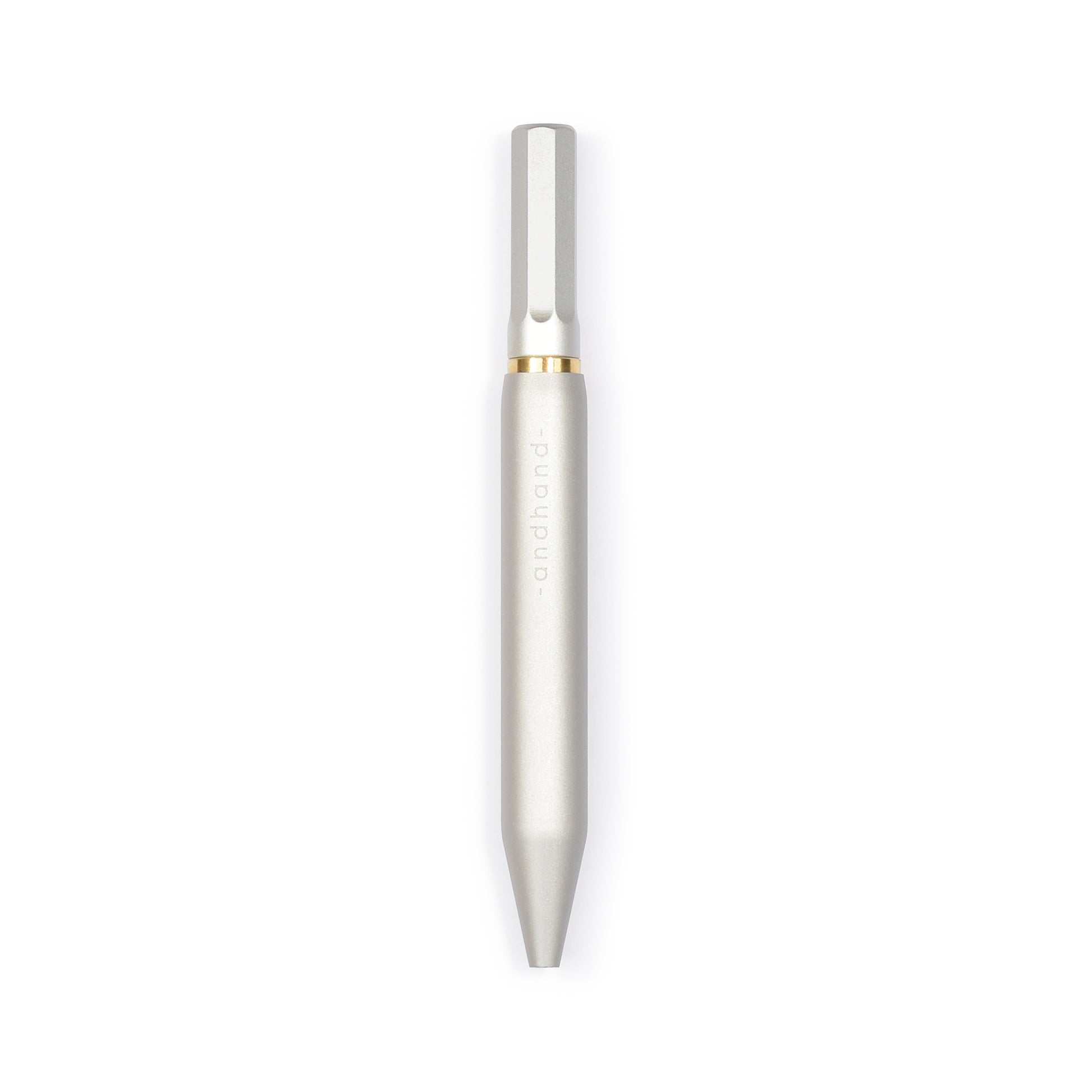 Aluminium and brass everyday carry ballpoint pen from Andhand. An expert compact writing tool with a smooth mechanism and modern minimal design. Amazingly durable and refined. Shown here in silver lustre anodized finish. Best 4 inch pen.