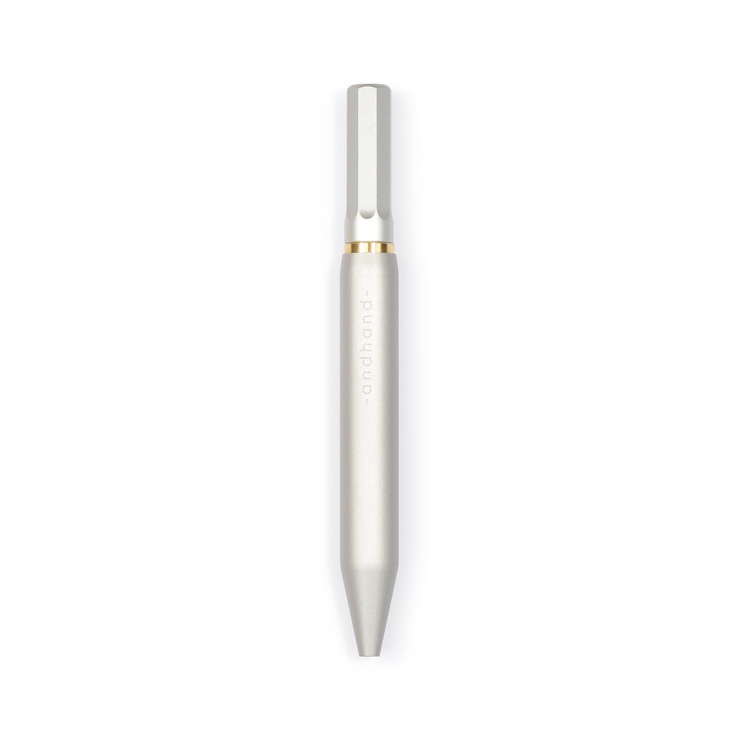 Aluminium and brass everyday carry ballpoint pen from Andhand. An expert compact writing tool with a smooth mechanism and modern minimal design. Amazingly durable and refined. Shown here in silver lustre anodized finish. Best 4 inch pen.