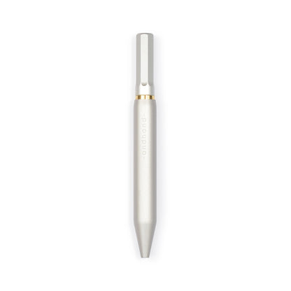Aluminium and brass everyday carry ballpoint pen from Andhand. An expert compact writing tool with a smooth mechanism and modern minimal design. Amazingly durable and refined. Shown here in silver lustre anodized finish. Best 4 inch pen.