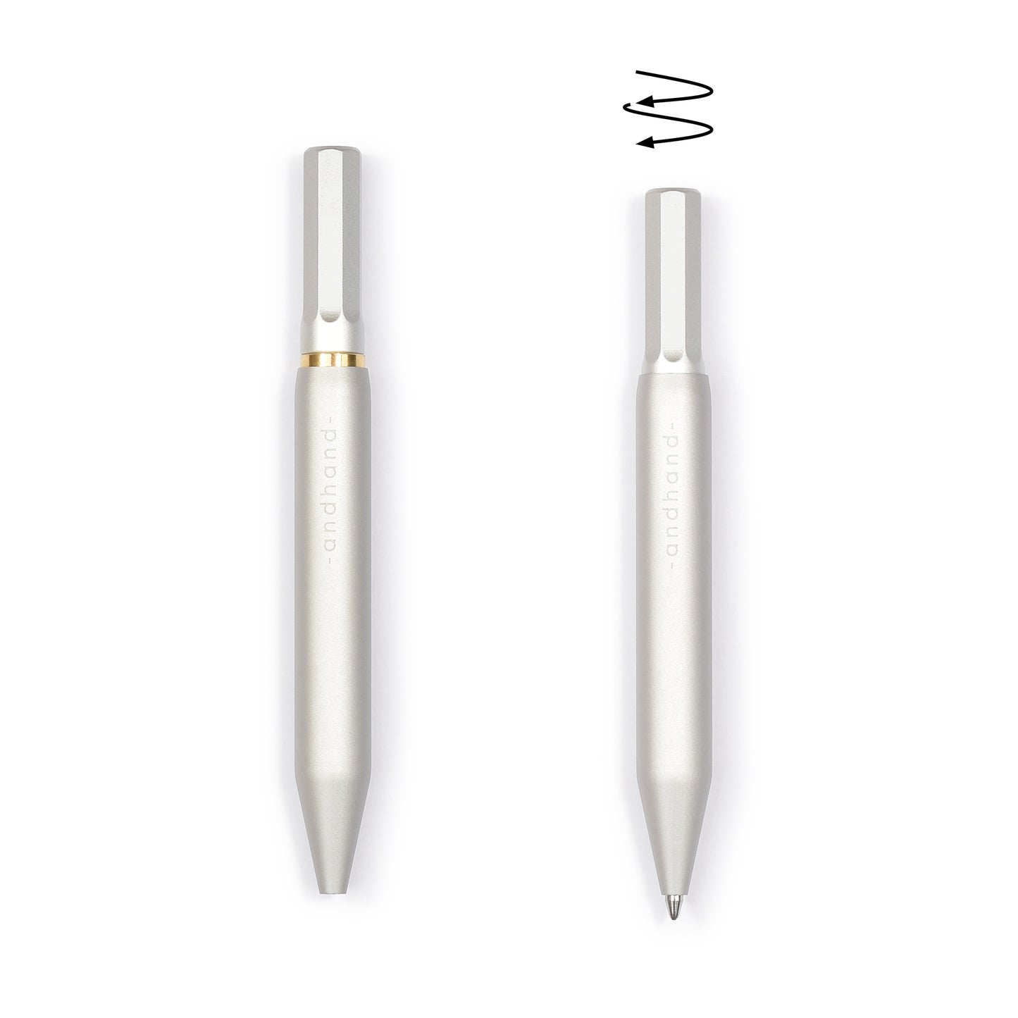 Aluminium and brass everyday carry ballpoint pen from Andhand. An expert compact writing tool with a smooth mechanism and modern minimal design. Amazingly durable and refined 4 inch pen. Shown here in silver lustre anodized finish.
