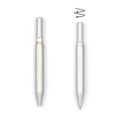 Aluminium and brass everyday carry ballpoint pen from Andhand. An expert compact writing tool with a smooth mechanism and modern minimal design. Amazingly durable and refined 4 inch pen. Shown here in silver lustre anodized finish.