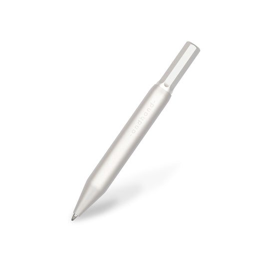 4 inch pen. Aluminium and brass everyday carry ballpoint pen from Andhand. An expert compact writing tool with a smooth mechanism and modern minimal design. Amazingly durable and refined. Shown here in silver lustre anodized finish.